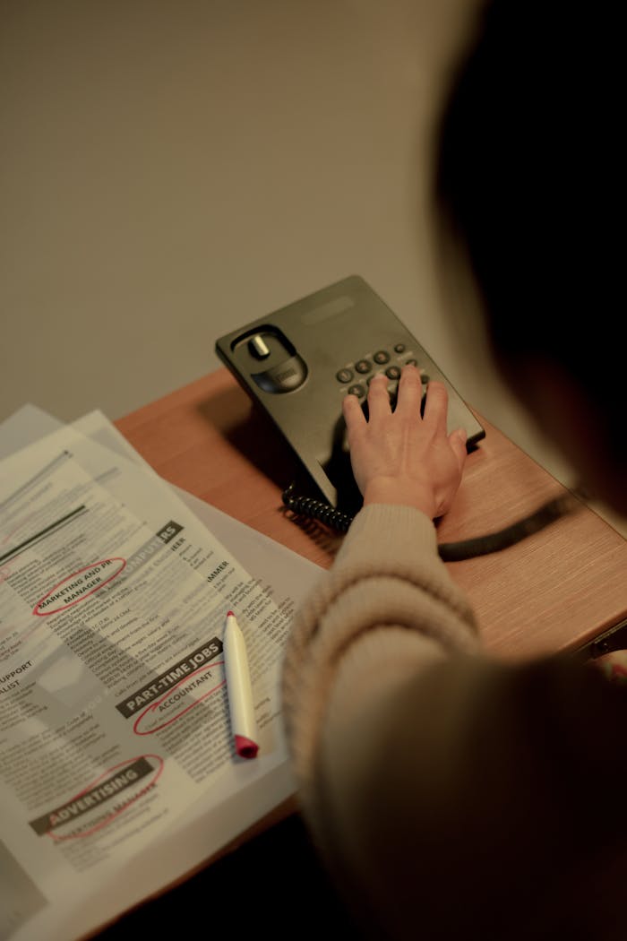 why-choose-us Woman using a phone to inquire about job postings, newspaper and pen on a table.